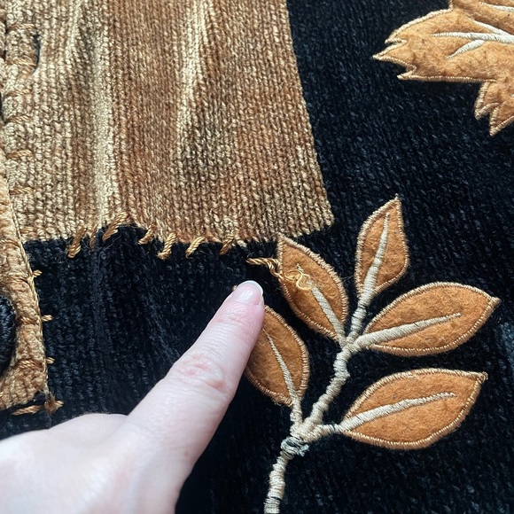 VTG 90s Patchwork Fall Leaves Button Cardigan 1X Black Halloween Thanksgiving - Picture 11 of 12